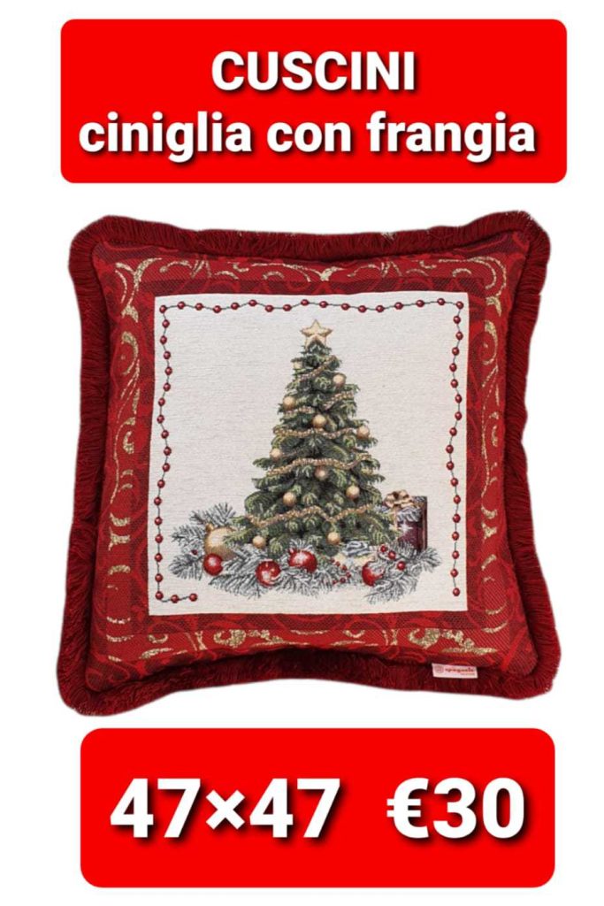 Cuscino natalizio ciniglia rosso sfoderabile con frangia disegno albero di Natale cm 47x47