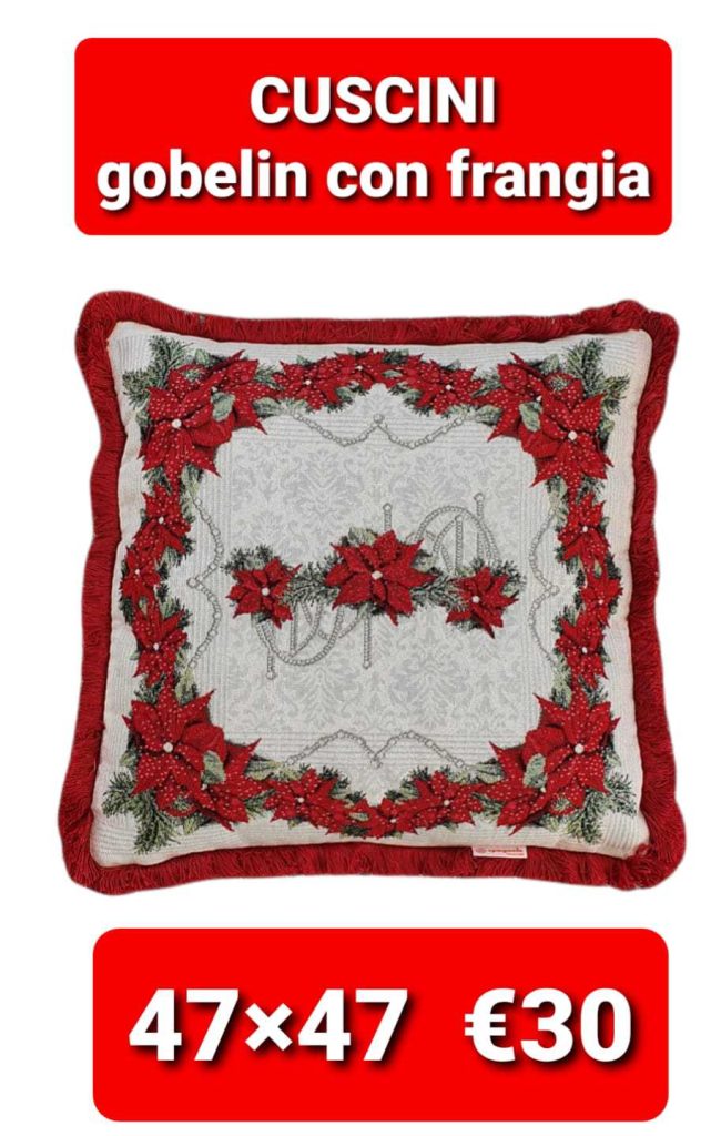 Cuscino natalizio gobelin rosso sfoderabile con frangia disegno stella di Natale cm 47x47