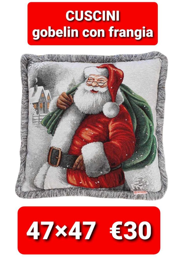 Cuscino natalizio gobelin grigio sfoderabile con frangia disegno Babbo Natale cm 47x47