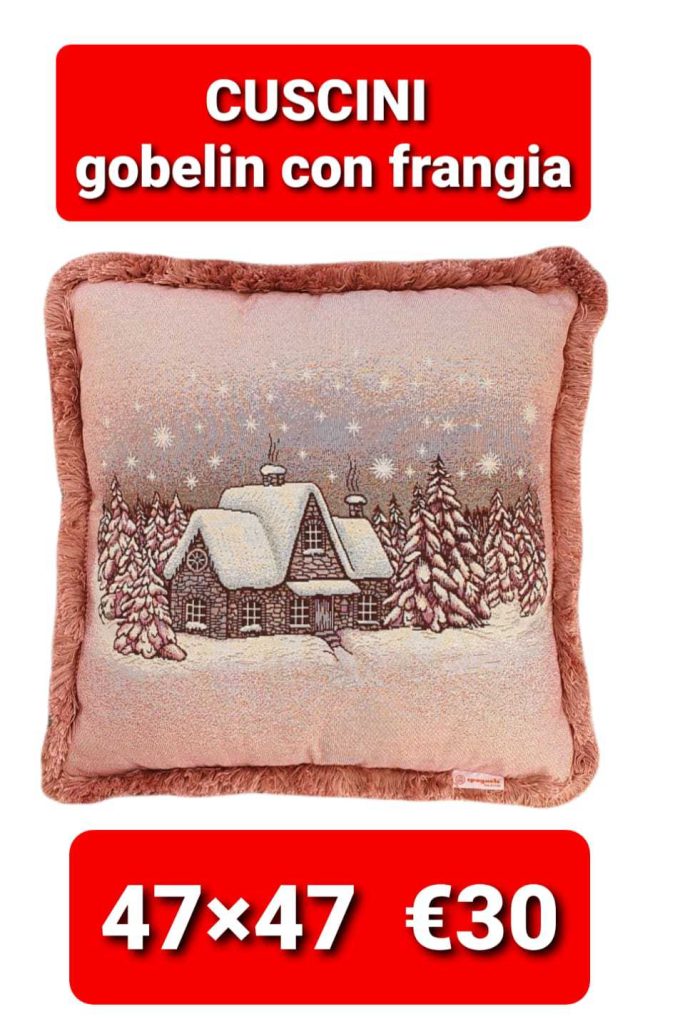 Cuscino natalizio gobelin rosa sfoderabile con frangia disegno paesaggio di Natale cm 47x47